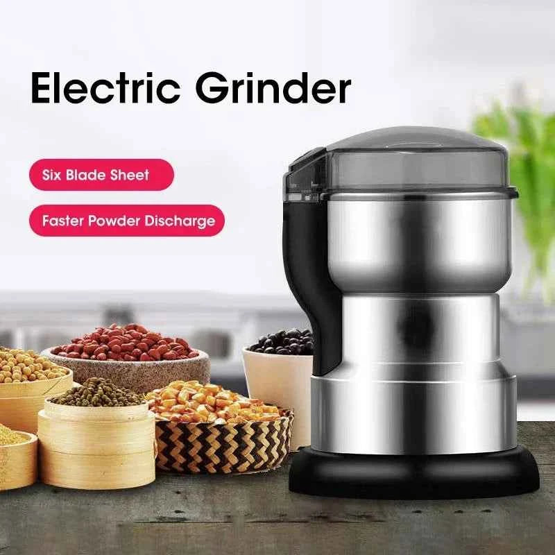 Electric spice and coffee grinder with six blade sheet and faster powder discharge in stainless steel