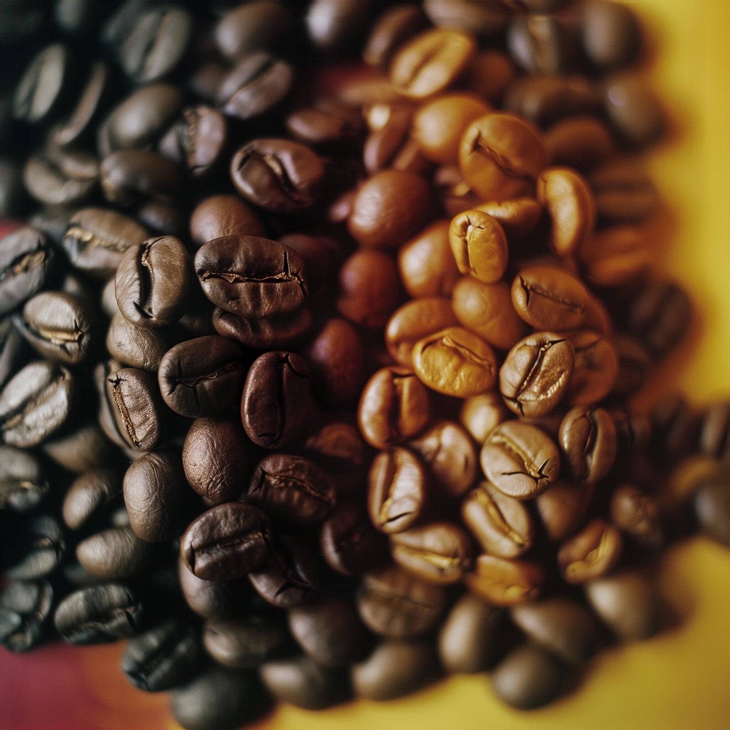 Close-up of roasted coffee beans in different shades showcasing the Ethiopian coffee bundle by Tea & coffee of the world