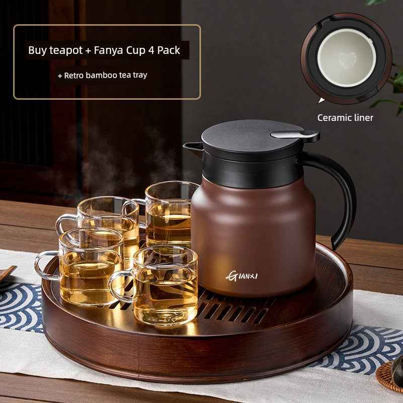 High-quality braised teapot with ceramic liner and four Fanya cups on retro bamboo tea tray