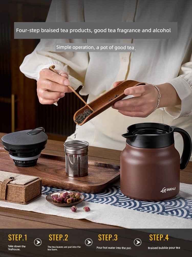 High-quality braised teapot set with tea strainer and wooden tea scoop on wooden tray for brewing tea