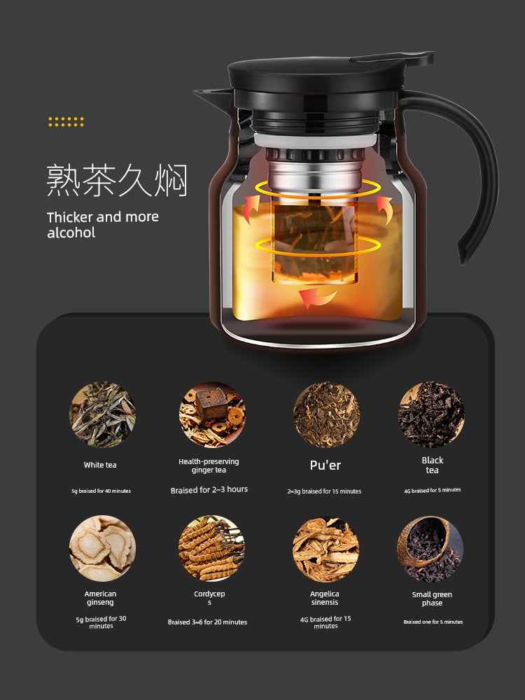 High-quality braised teapot with clear glass body and black handle brewing various types of tea