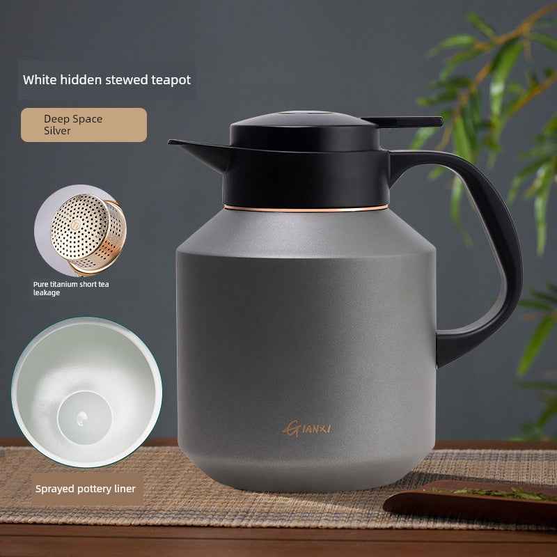 High-quality braised teapot in deep space silver with black handle and sprayed pottery liner