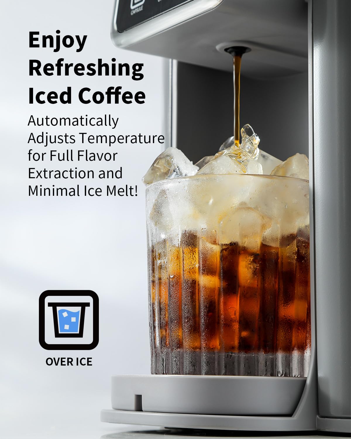 Tea and Coffee of the World hot and iced coffee machine pouring coffee over ice in a clear glass