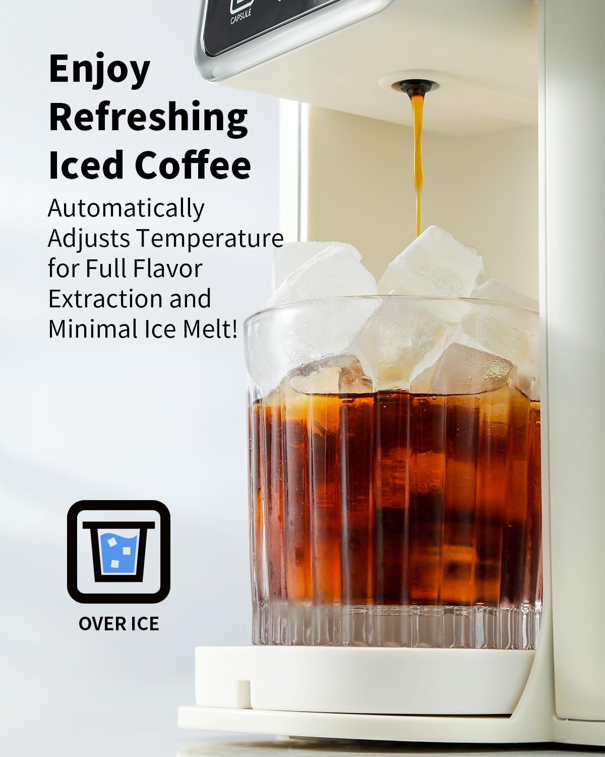 Tea & Coffee of the World hot and iced coffee machine brewing iced coffee over ice cubes