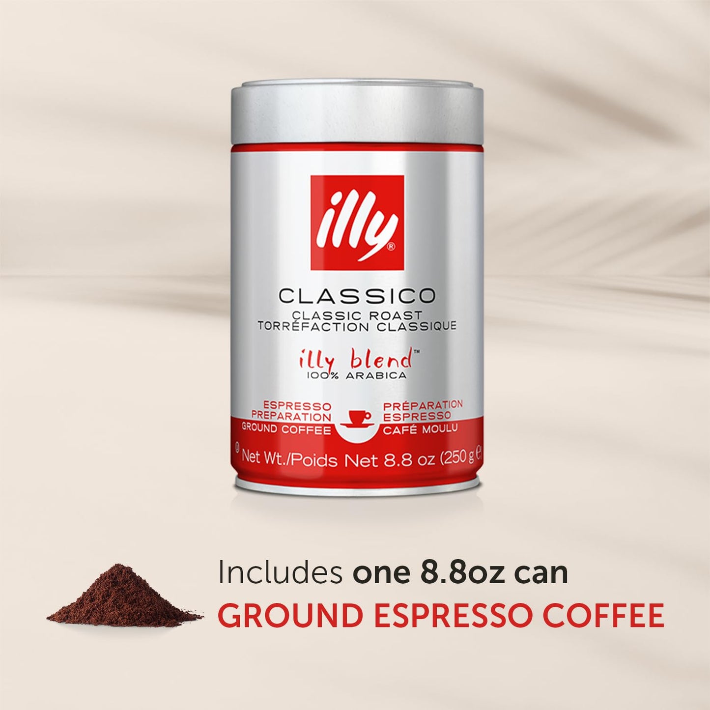 Illy ground espresso coffee in an 8.8oz silver and red Classico roast tin with ground coffee displayed