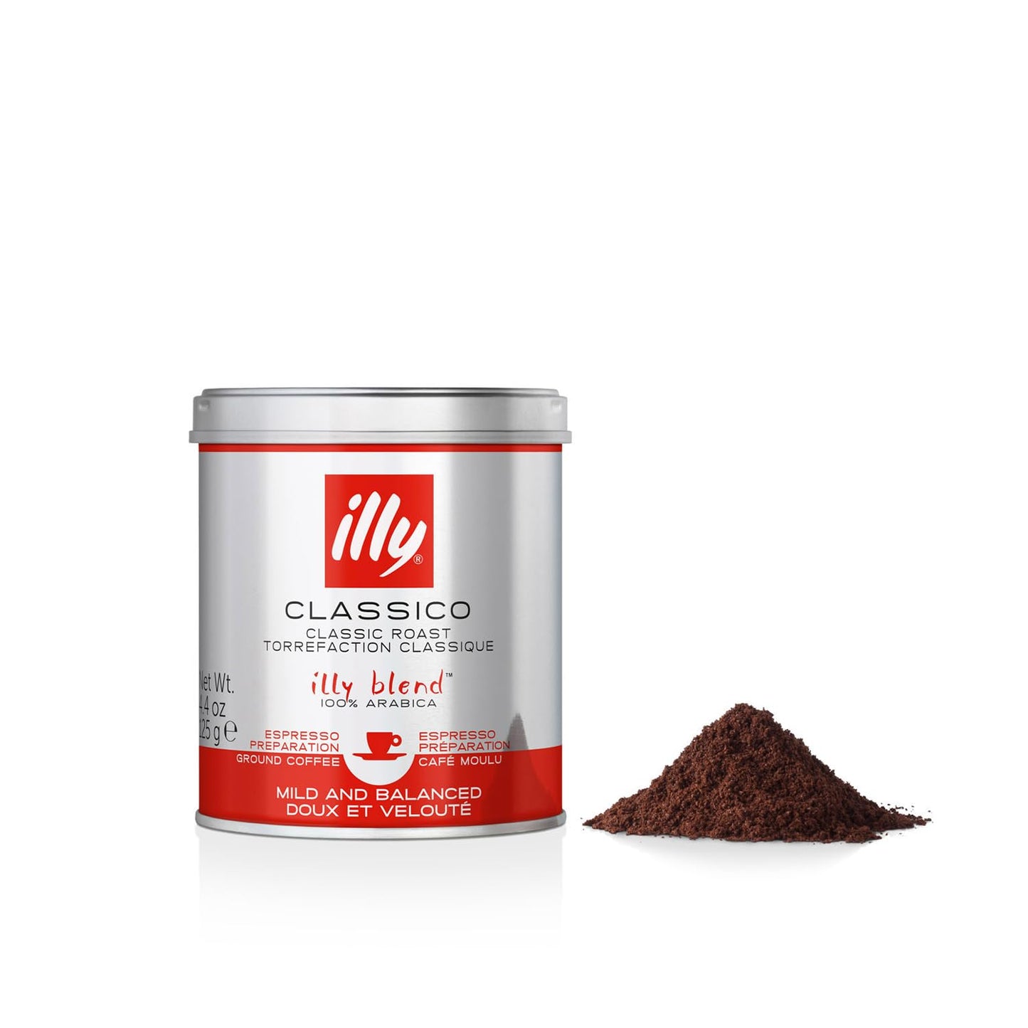 Illy ground espresso coffee classic roast in a silver tin with a pile of ground coffee beside it