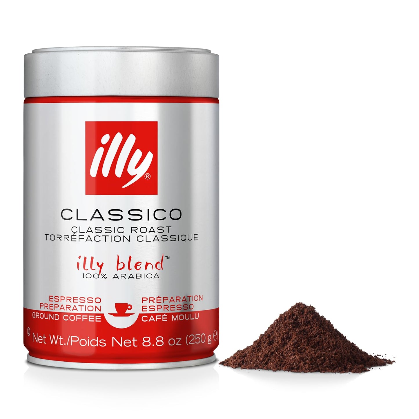 Illy ground espresso coffee classic roast 250g tin with a pile of ground espresso coffee beside it