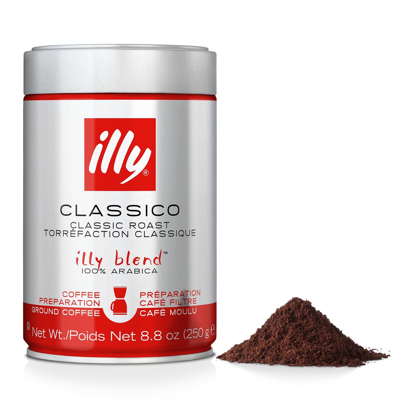 Illy ground espresso coffee classic roast in silver red tin with a pile of ground coffee next to it