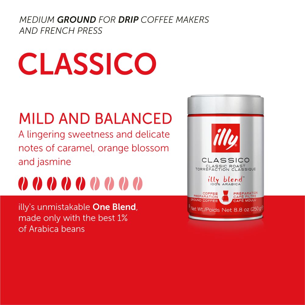 Illy ground espresso coffee Classico mild and balanced medium roast in 250g tin for drip and French press
