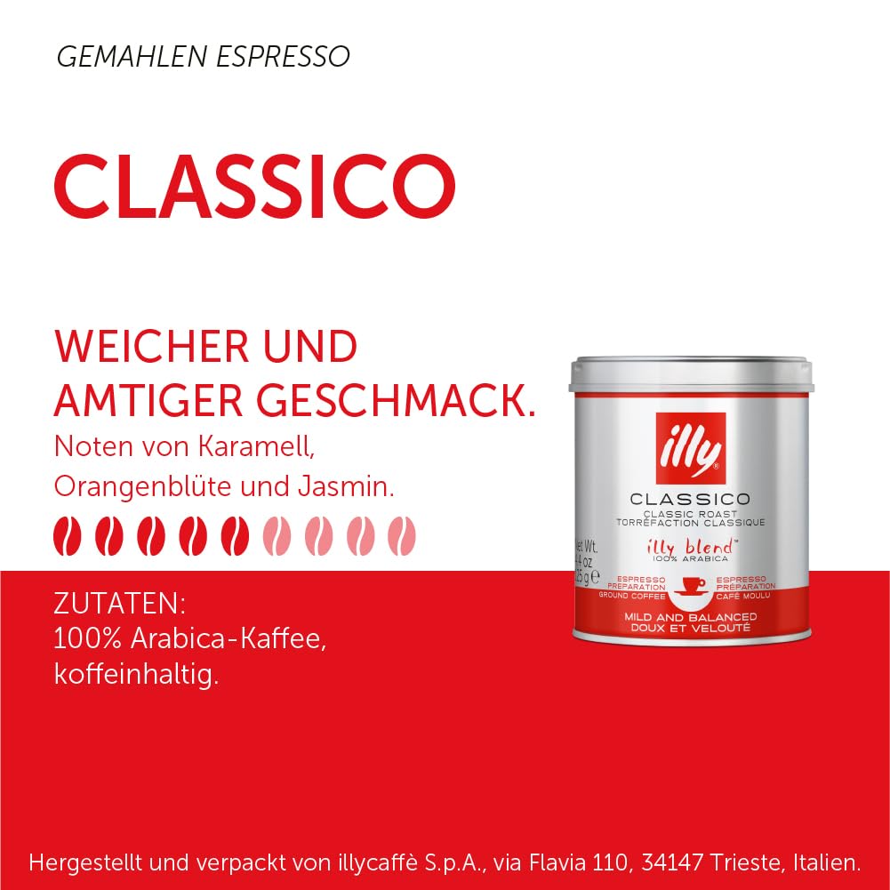 Illy ground espresso coffee Classico blend in a silver and red tin with mild and balanced flavour