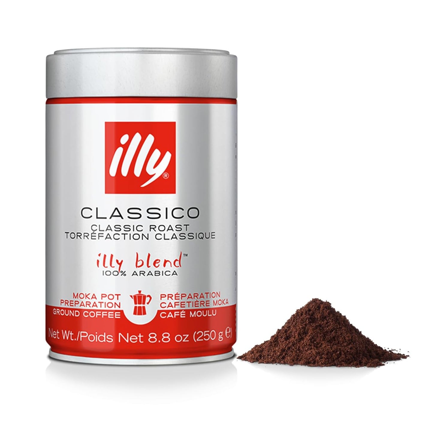 Illy ground espresso coffee classic roast tin with a pile of ground coffee beside it