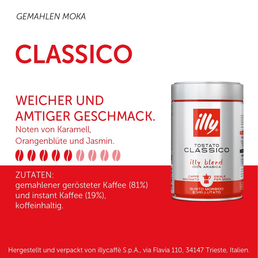Illy ground espresso coffee Classico tin with red and white packaging from Tea and Coffee of the World