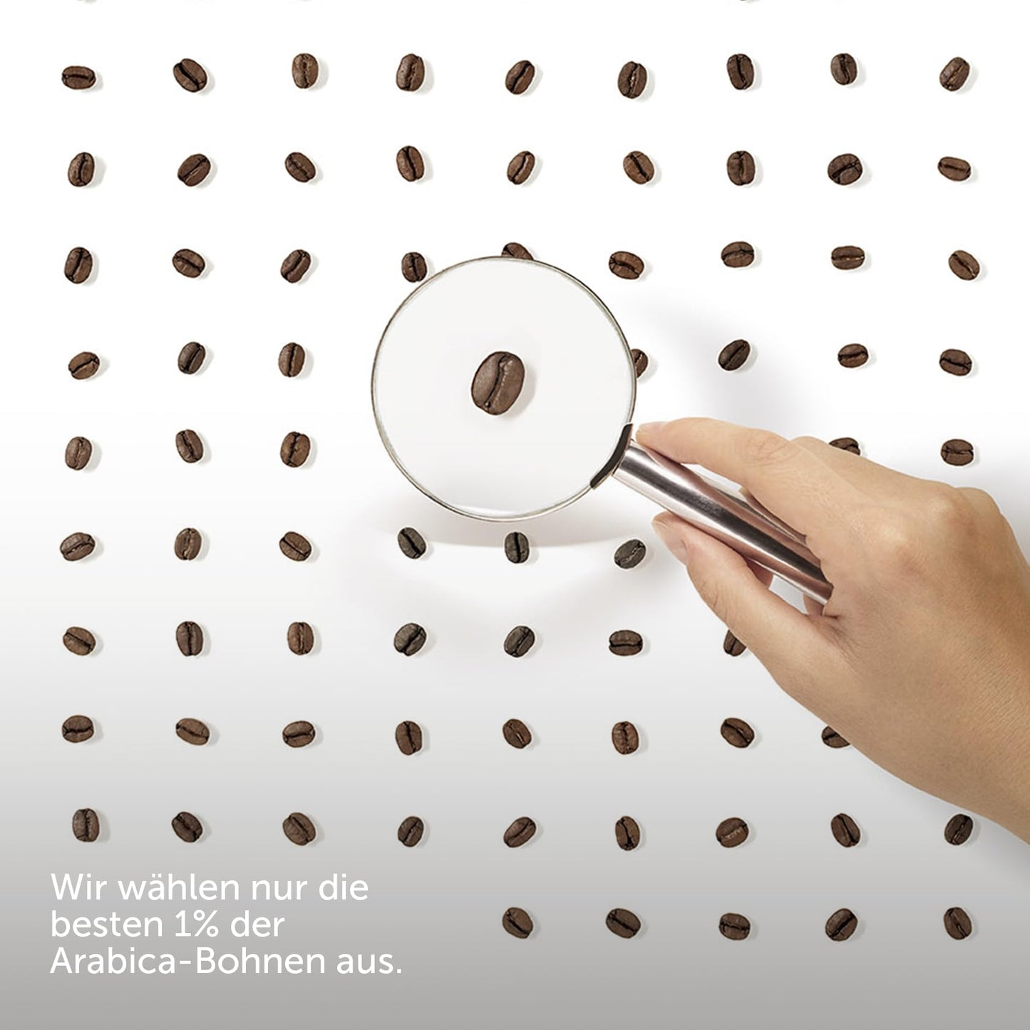Hand holding magnifying glass over coffee bean with Illy ground espresso coffee beans arranged on white background