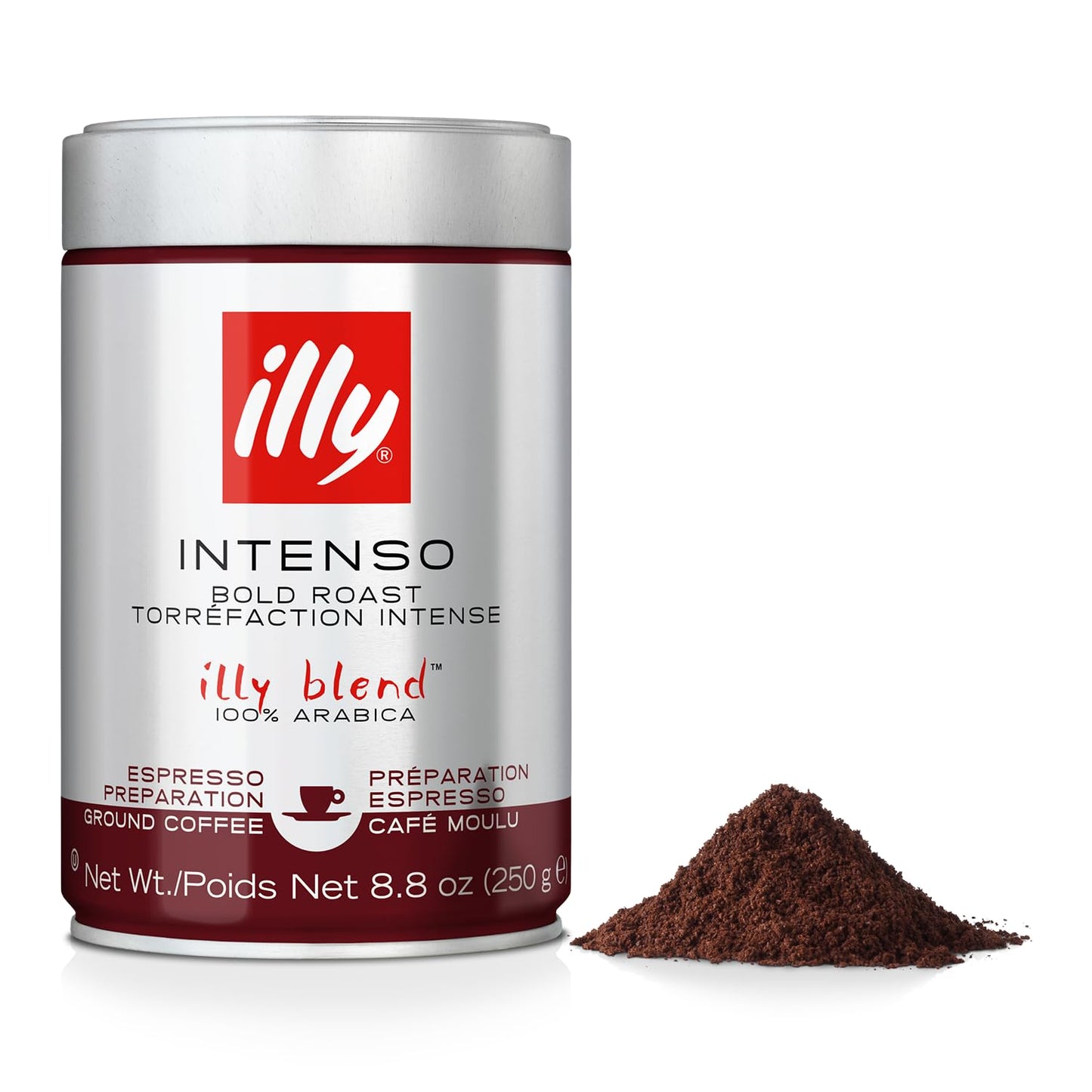 Illy ground espresso coffee Intenso bold roast 250g tin with a pile of dark brown coffee grounds