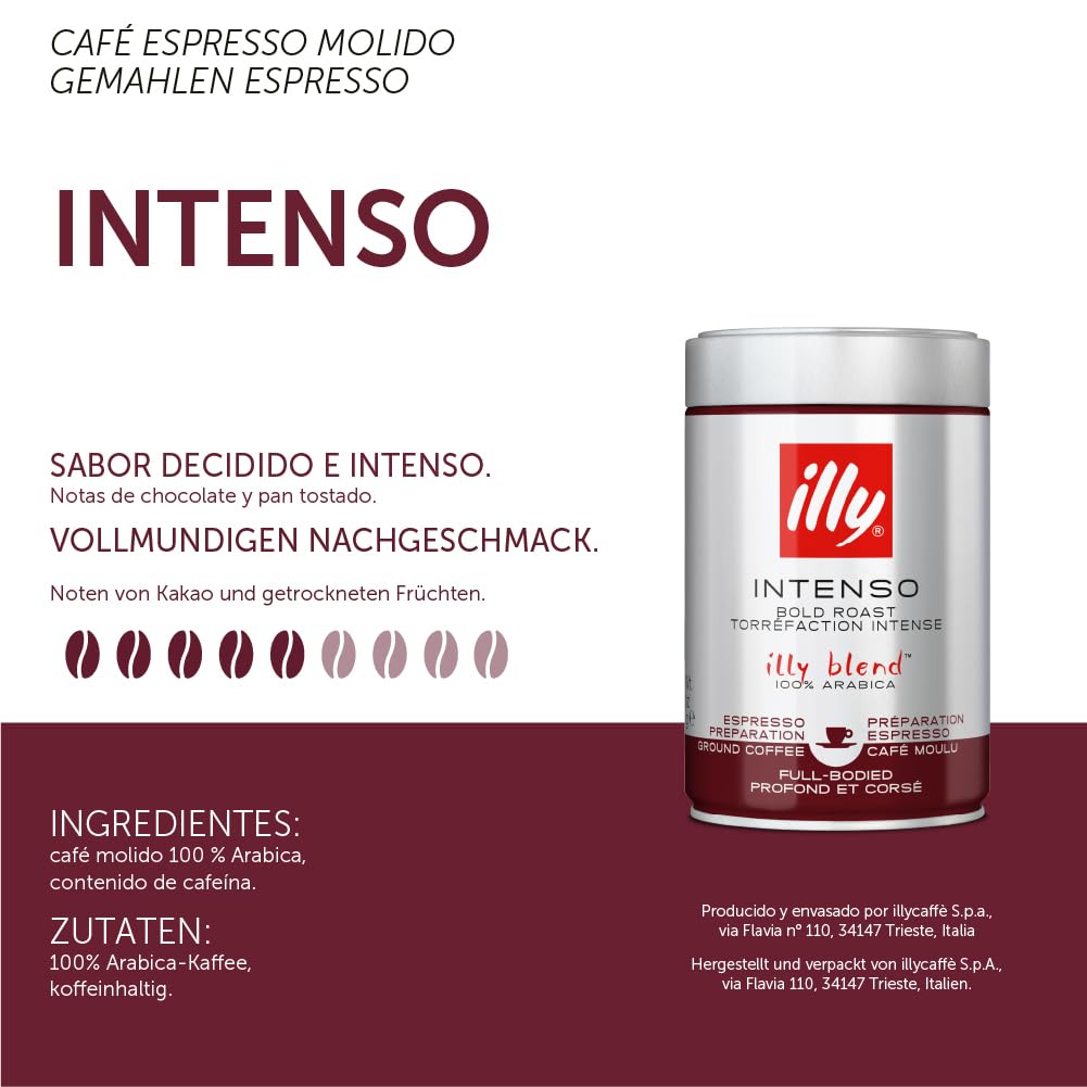 Illy ground espresso coffee Intenso bold roast in silver and red tin by Tea and Coffee of the World