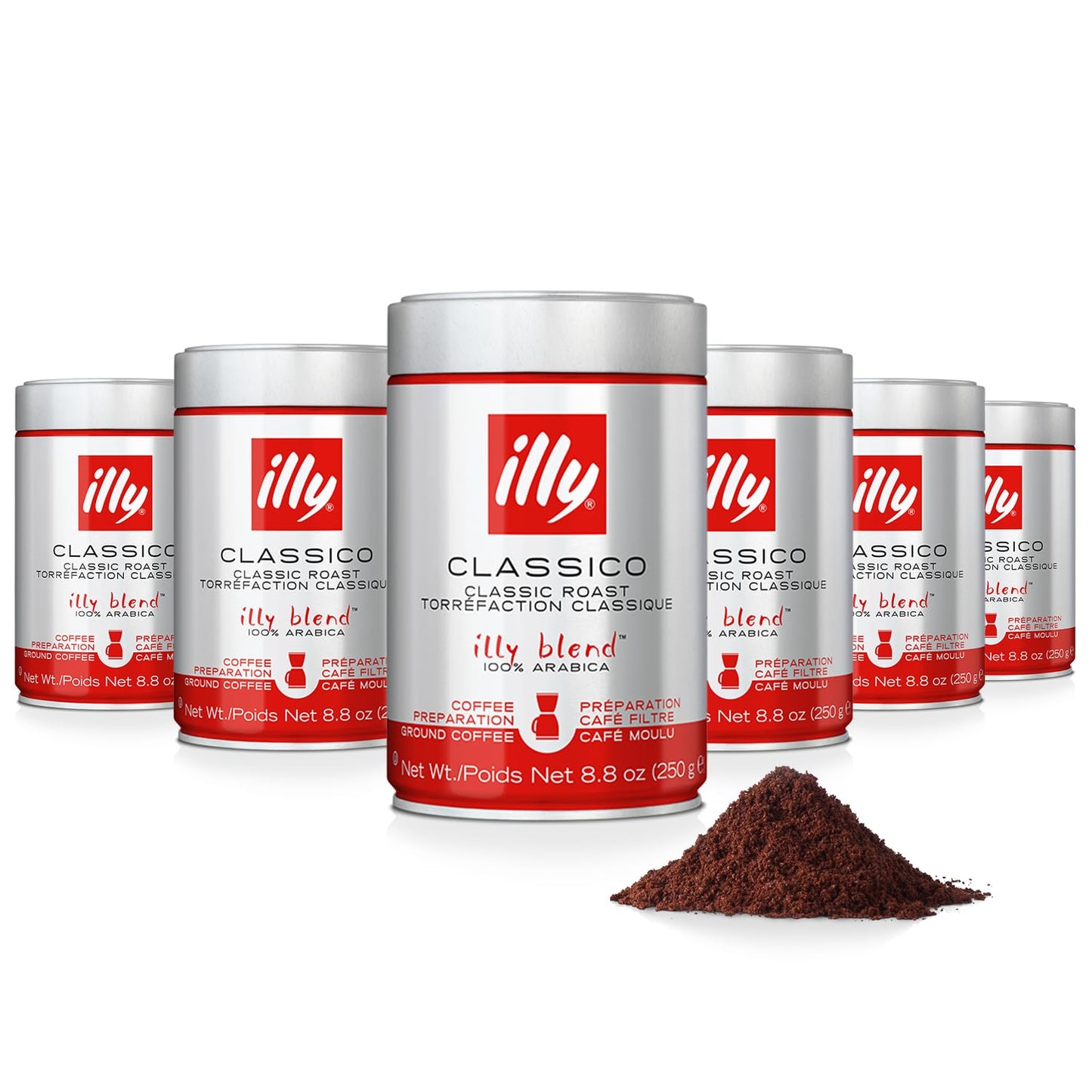Illy ground espresso coffee Classico roast cans with fresh coffee grounds pile by Tea and Coffee of the World