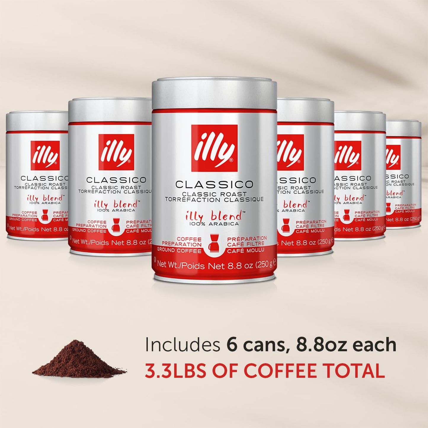 Illy ground espresso coffee Classic Roast 250g cans arranged with coffee grounds and total weight 3.3lbs