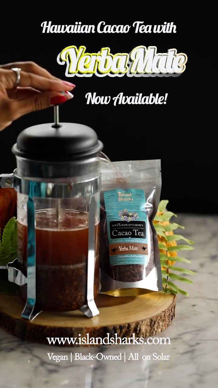Handcrafted Yerba Mate Blend Hawaiian cacao tea by Island Sharks Chocolate in a French press with packaging