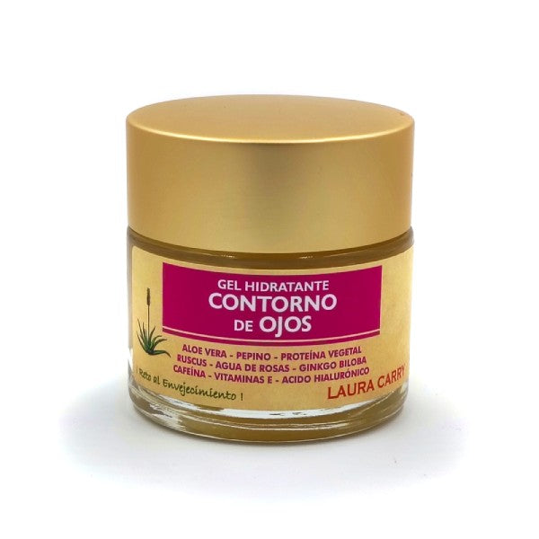 Laura Carr refresh tired eyes cream hydrating gel with aloe vera and vitamins in gold jar