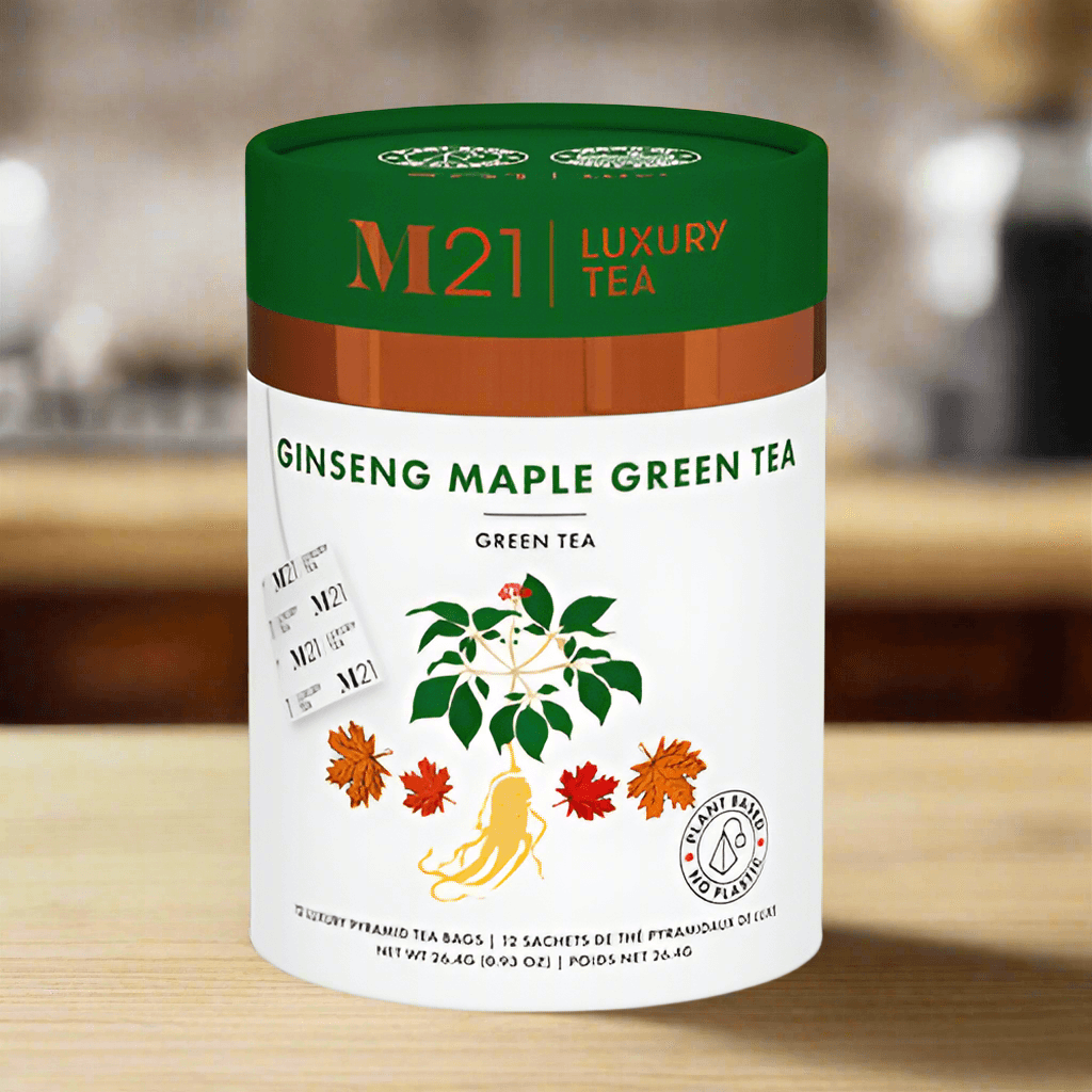 Luxury tea bundle Ginseng Maple Green Tea by Tea & Coffee of the World in green and white packaging