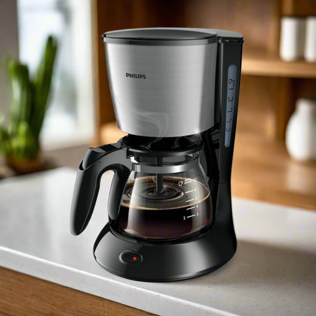 Philips electric coffee maker with black and stainless steel design brewing fresh coffee on kitchen counter