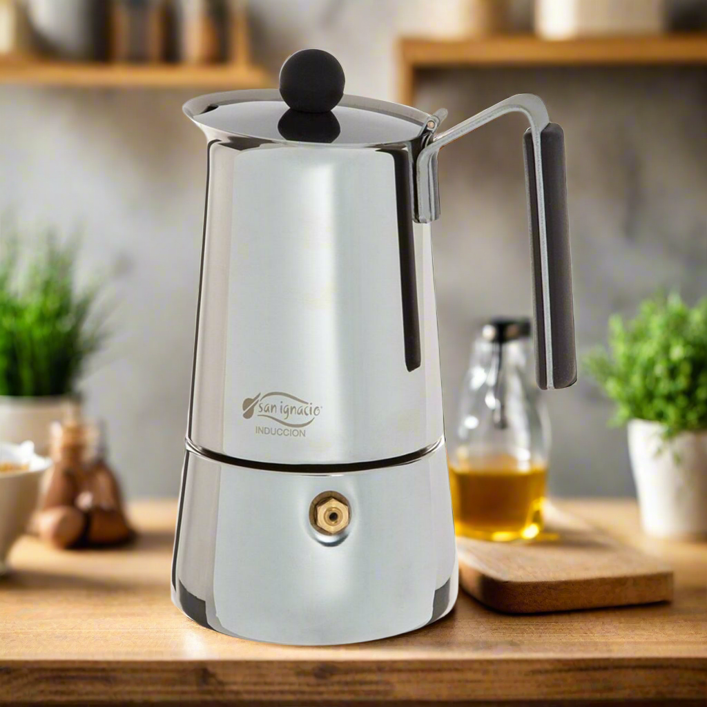 Italian coffee maker stainless steel with black handle and knob on kitchen countertop