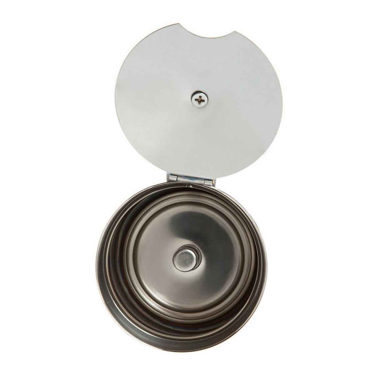 Top view of Italian coffee maker stainless steel with open lid showing inner brewing chamber