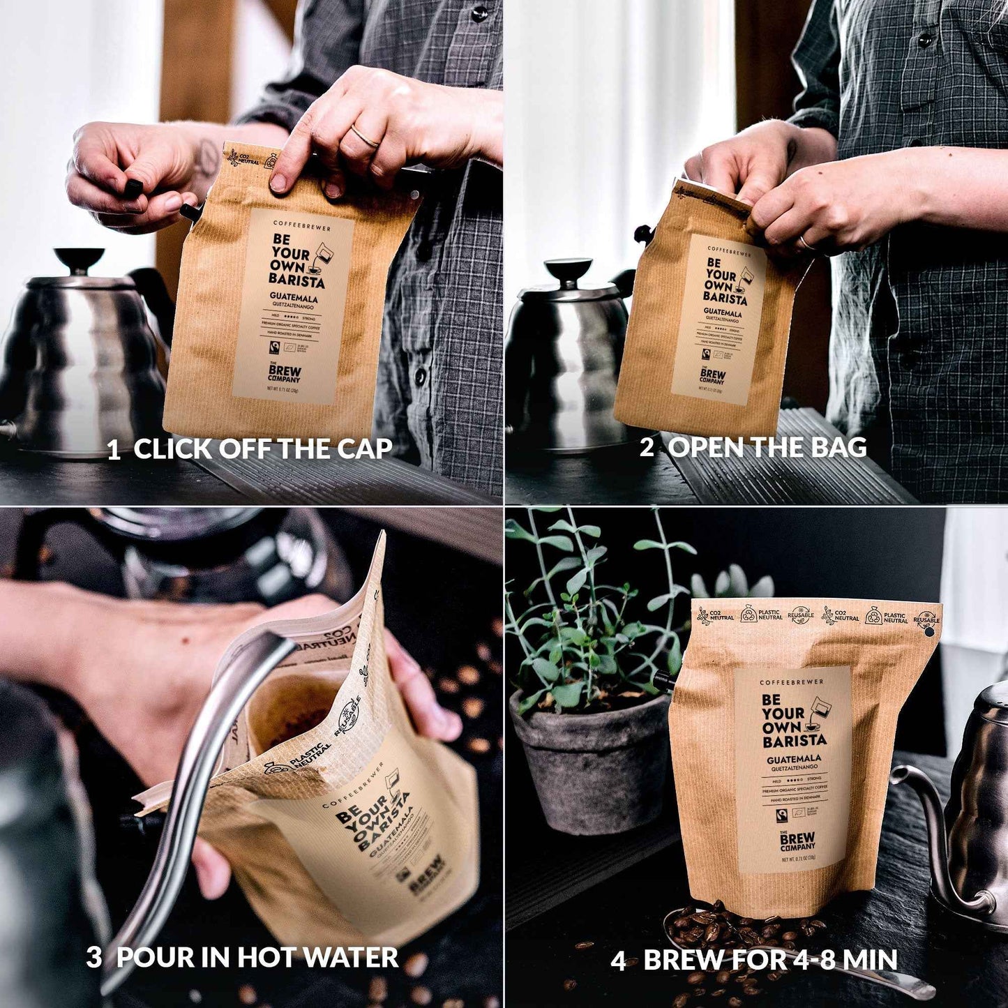 Step-by-step guide showing specialty organic coffee gifts from The Brew Company being brewed in four steps