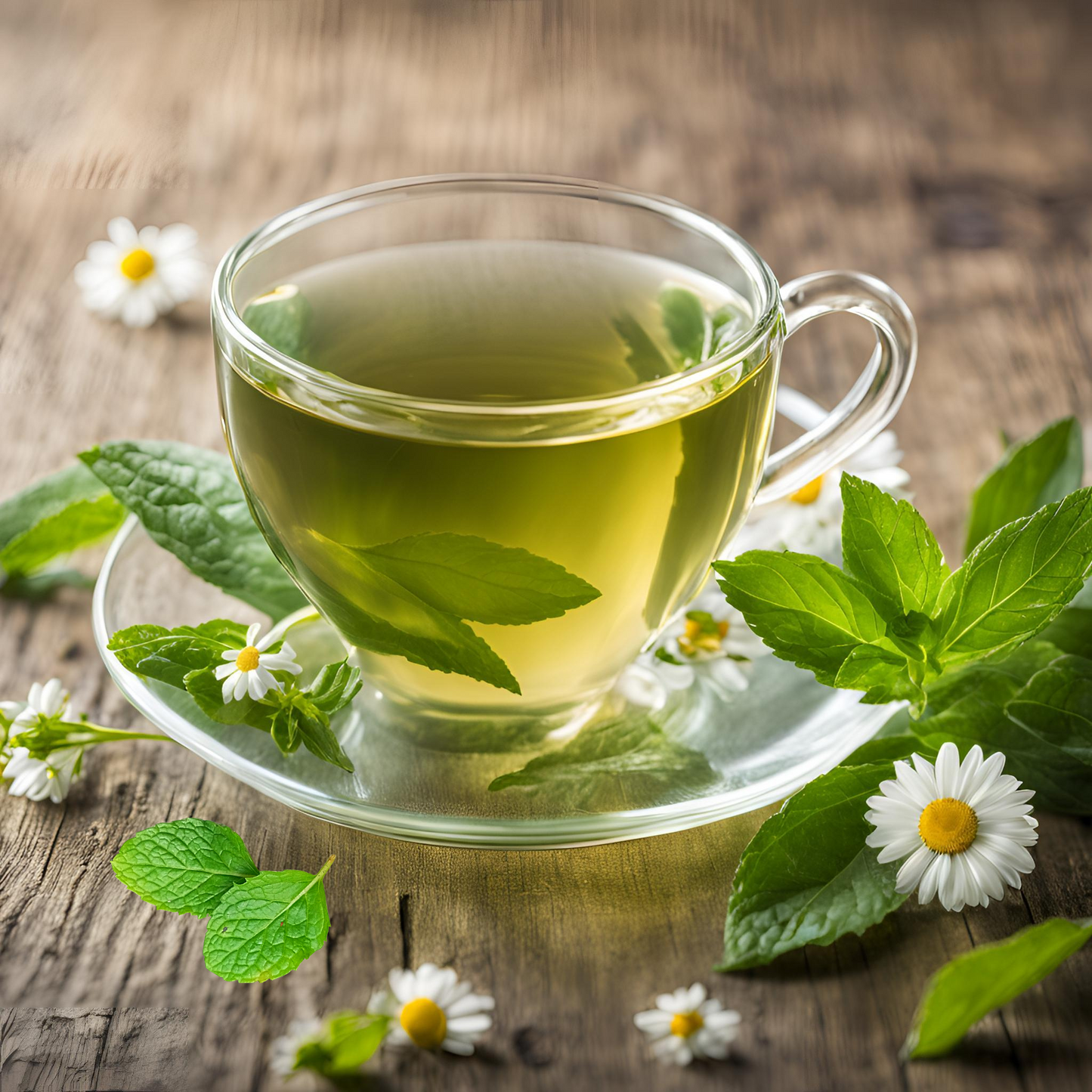 DC-Tega Tea citrus infused herbal green tea in a glass cup with fresh mint and chamomile flowers