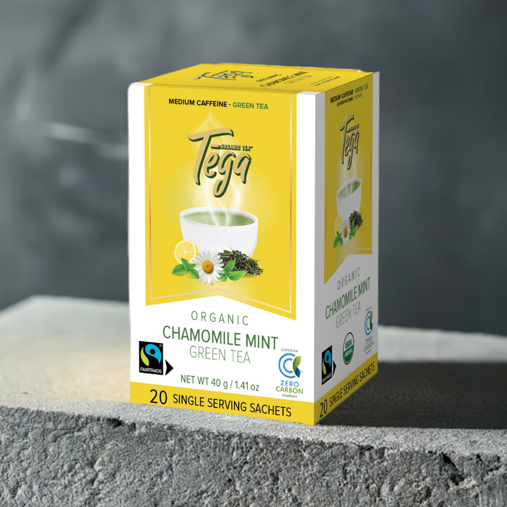 DC-Tega Tea organic chamomile mint green tea box featuring citrus infused herbal green tea sachets