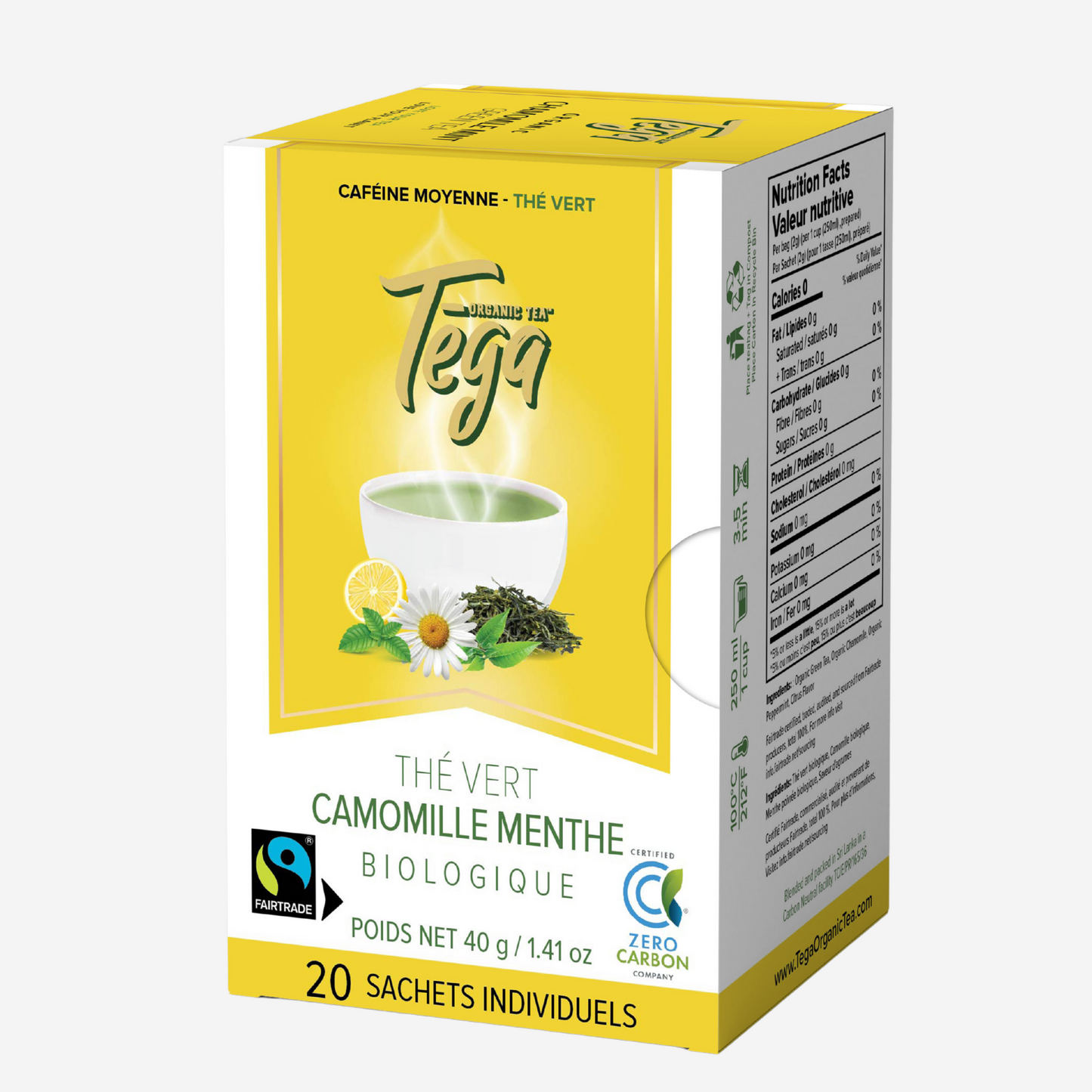 DC-Tega Tea citrus infused herbal green tea box with 20 individual sachets and chamomile mint flavor