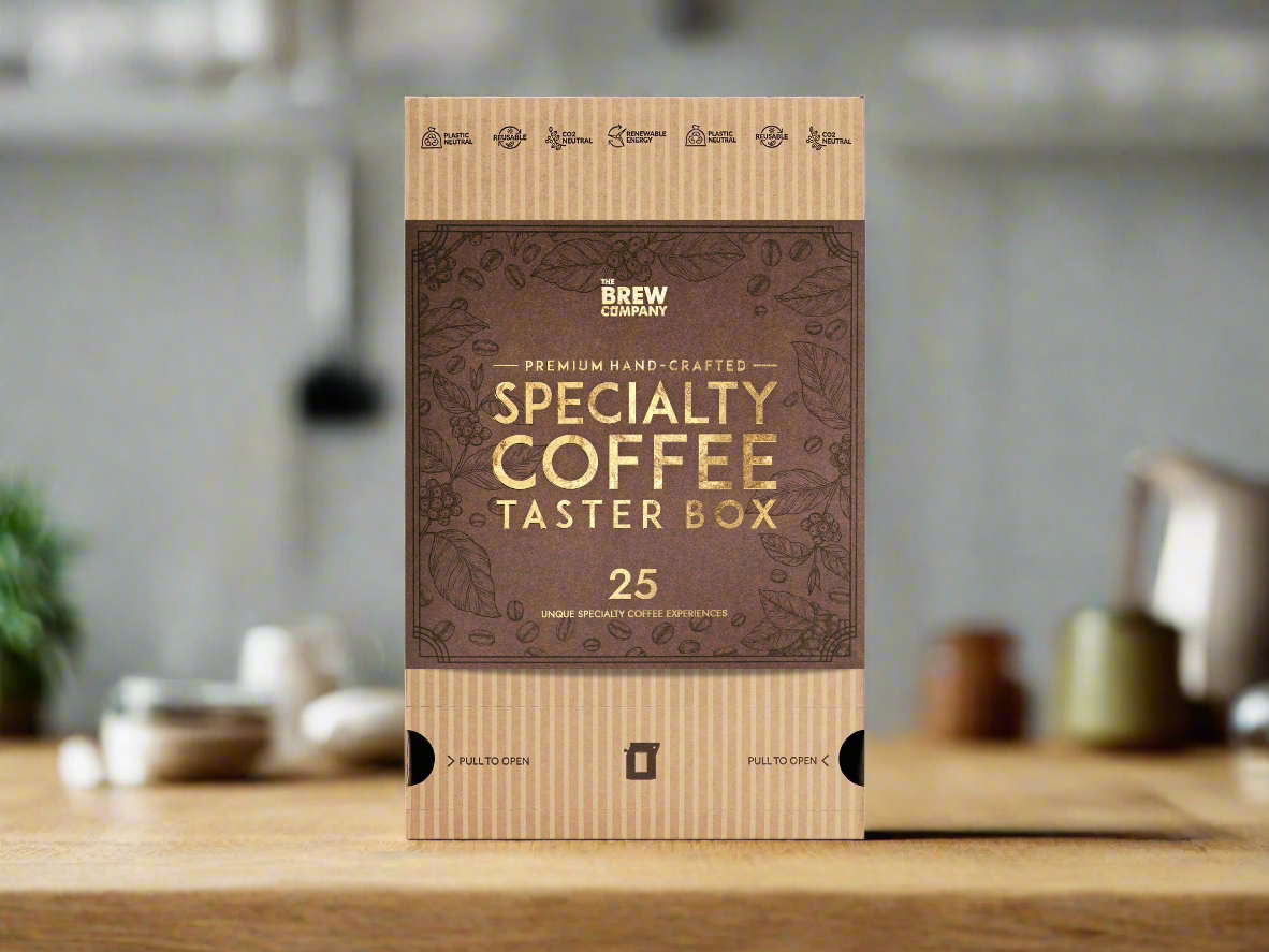 The Brew Company 25 piece coffee taster set specialty coffee taster box on wooden table