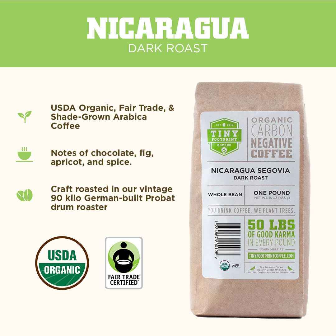 Fair trade organic coffee beans Nicaragua Segovia dark roast whole bean one pound bag