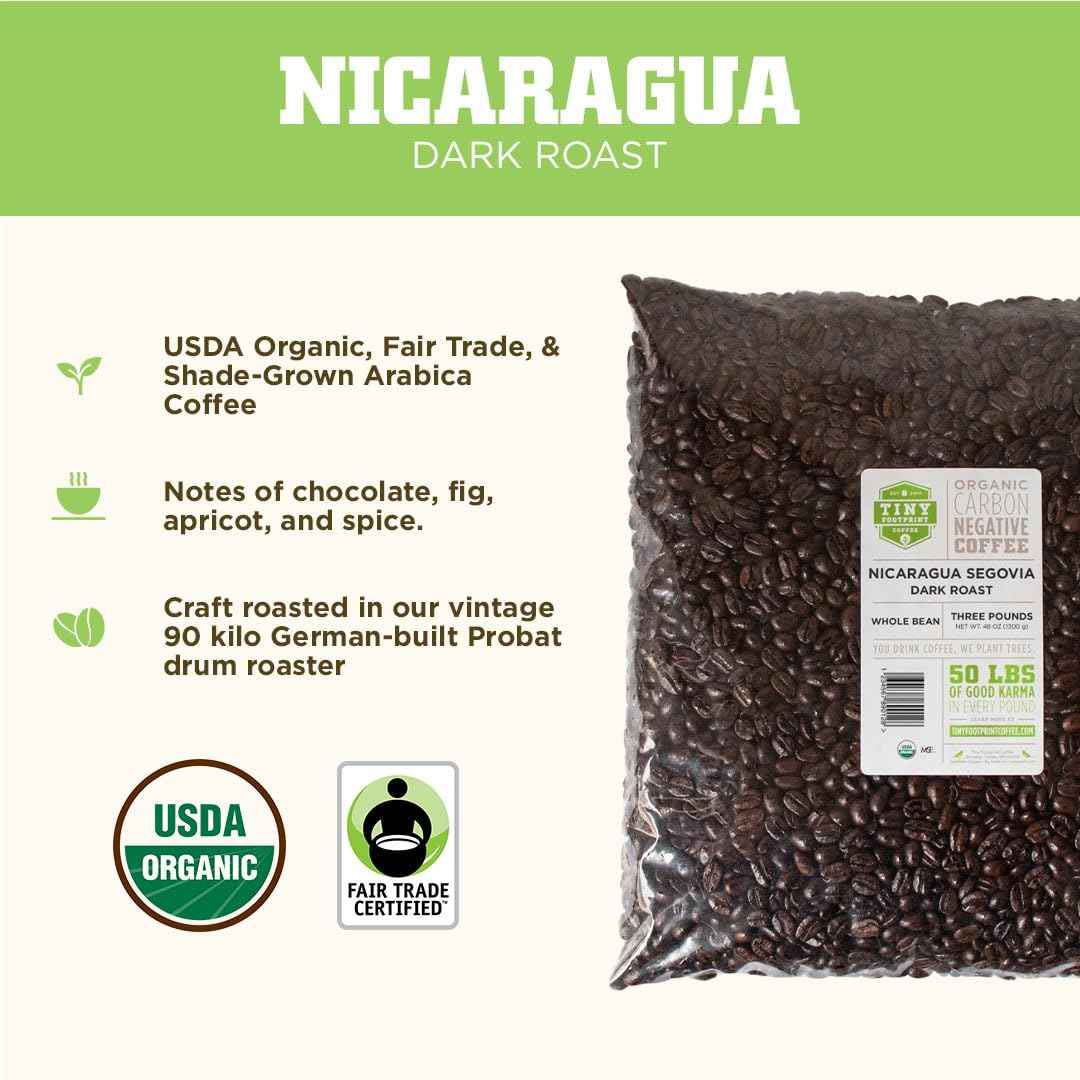 Bag of Nicaragua dark roast fair trade organic coffee beans from Tea & coffee of the world with USDA organic and fair trade certification