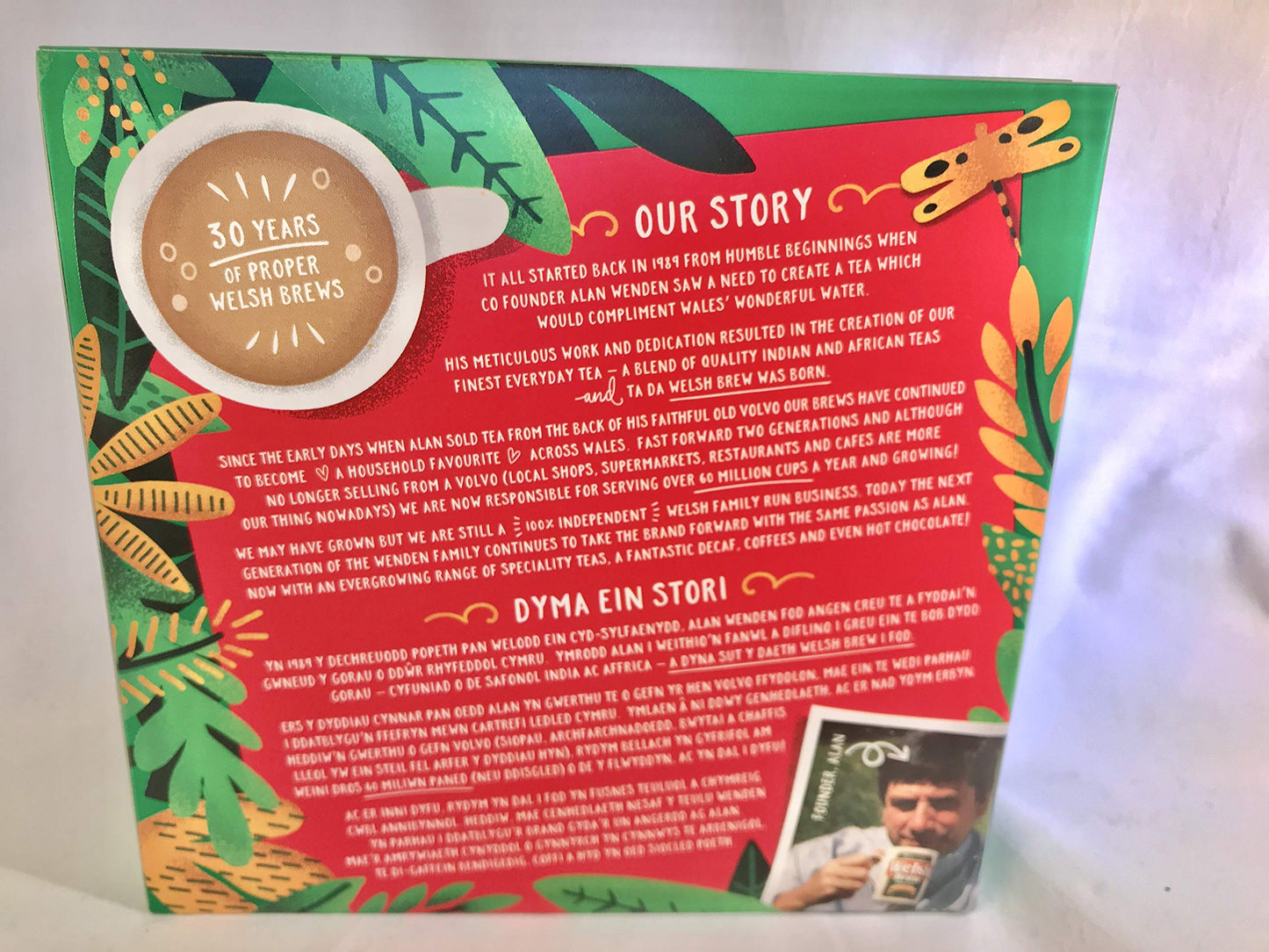 Tea and Coffee of the World black tea packaging with story about 30 years of proper Welsh brews