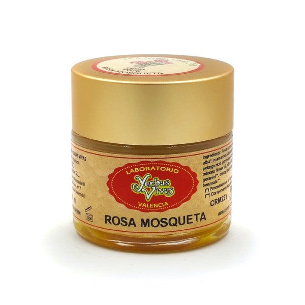 Tea & Coffee of the World organic rosehip cream for skin repair in a small glass balm jar with gold lid
