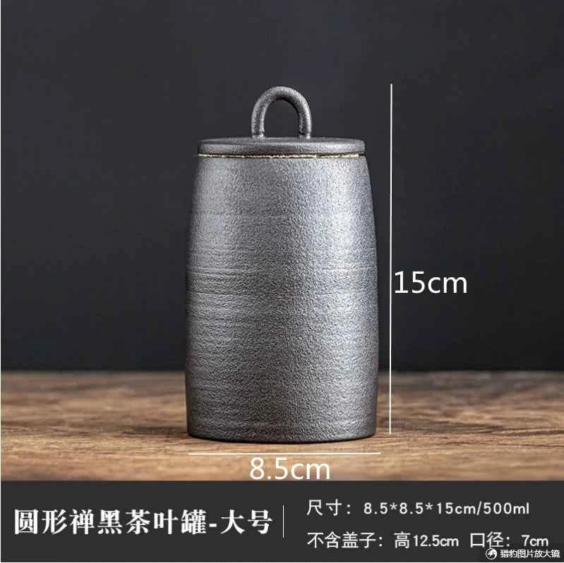 Tea and coffee of the world sealed tea storage jar in dark gray ceramic, 15cm tall with 8.5cm diameter