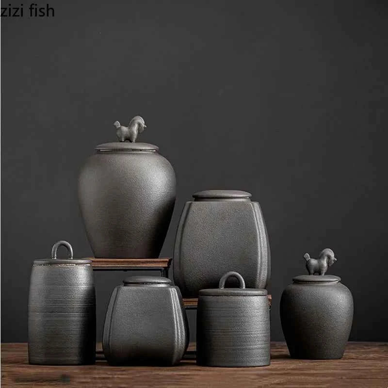 Set of black ceramic sealed tea storage jar accessories with wooden lids and unique animal handles