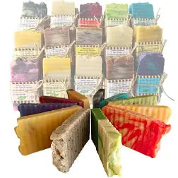 Collection of colorful eco-friendly shampoo bar varieties with natural ingredients and handcrafted designs