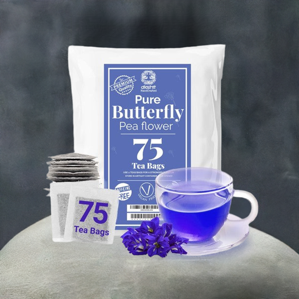 Tea & coffee of the world butterfly pea flower tea caffeine free with 75 tea bags and brewed blue tea cup