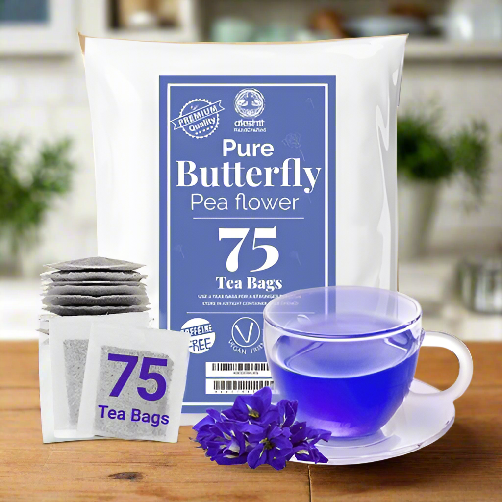 Tea and coffee of the world butterfly pea flower tea caffeine free with 75 tea bags and brewed purple tea in glass cup