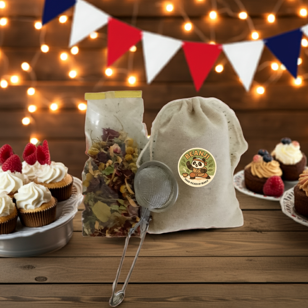 Tea and Coffee of the World chamomile and hibiscus tea blend with tea infuser and festive cupcakes