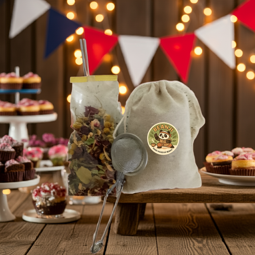 Tea & Coffee of the World chamomile and hibiscus tea blend in a glass jar with infuser and cloth bag on wooden table with cupcakes