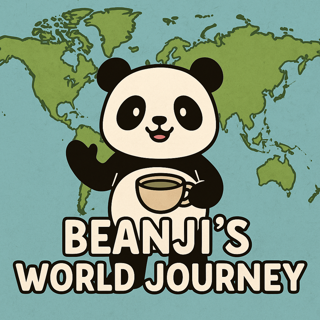 Cartoon panda holding a tea cup with world map background illustrating Beanjis World Journey herbal tea brand