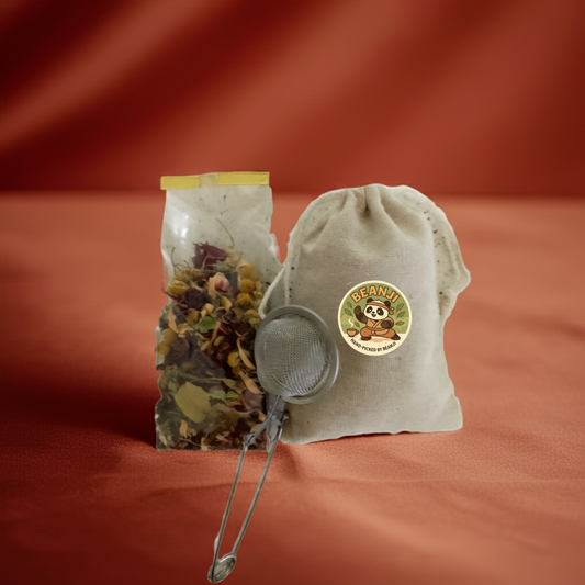 Himalayan stress relief tea package with herbal blend and stainless steel tea infuser by Tea & Coffee of the World