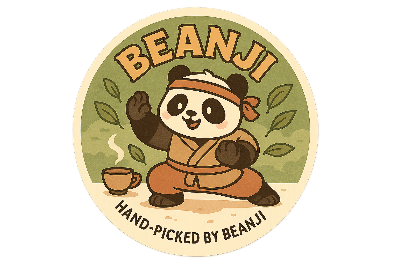 Himalayan stress relief tea label featuring cartoon panda in martial arts pose with steaming cup