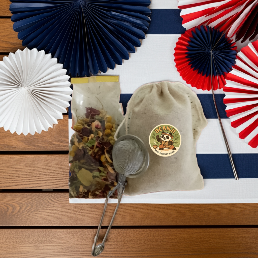 Lemon hibiscus herbal tea package with loose tea leaves, tea infuser, and beige pouch on striped surface