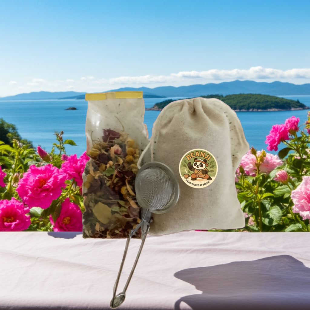 Tea & Coffee of the World mint and lemon herbal tea with metal infuser and cloth pouch on a table by pink flowers and ocean view