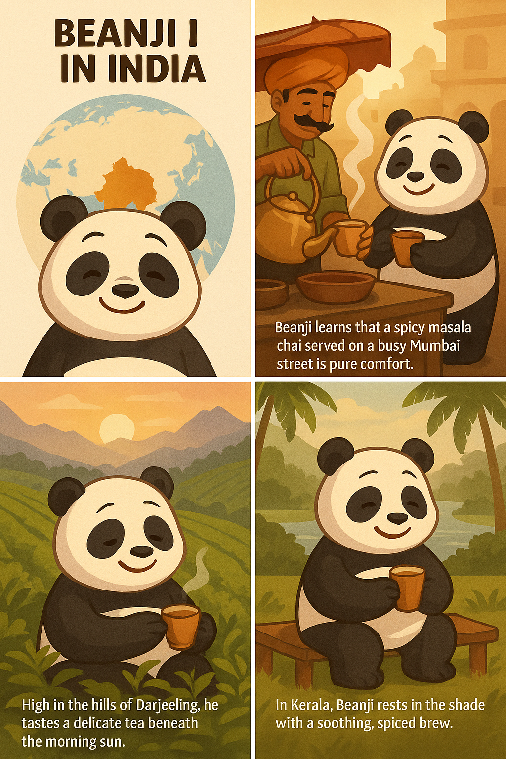 Illustrated panda enjoying tea in India with scenes of masala chai, Darjeeling hills, and Kerala shade, promoting Premium Organic English Breakfast Tea