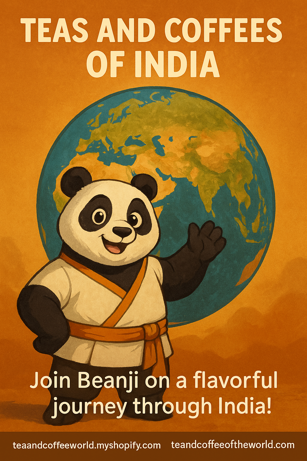 Illustration of a panda in a robe with earth background promoting Premium Organic English Breakfast Tea from India